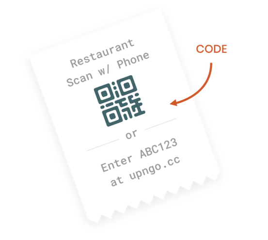 Up 'n go code highlighted on restaurant check